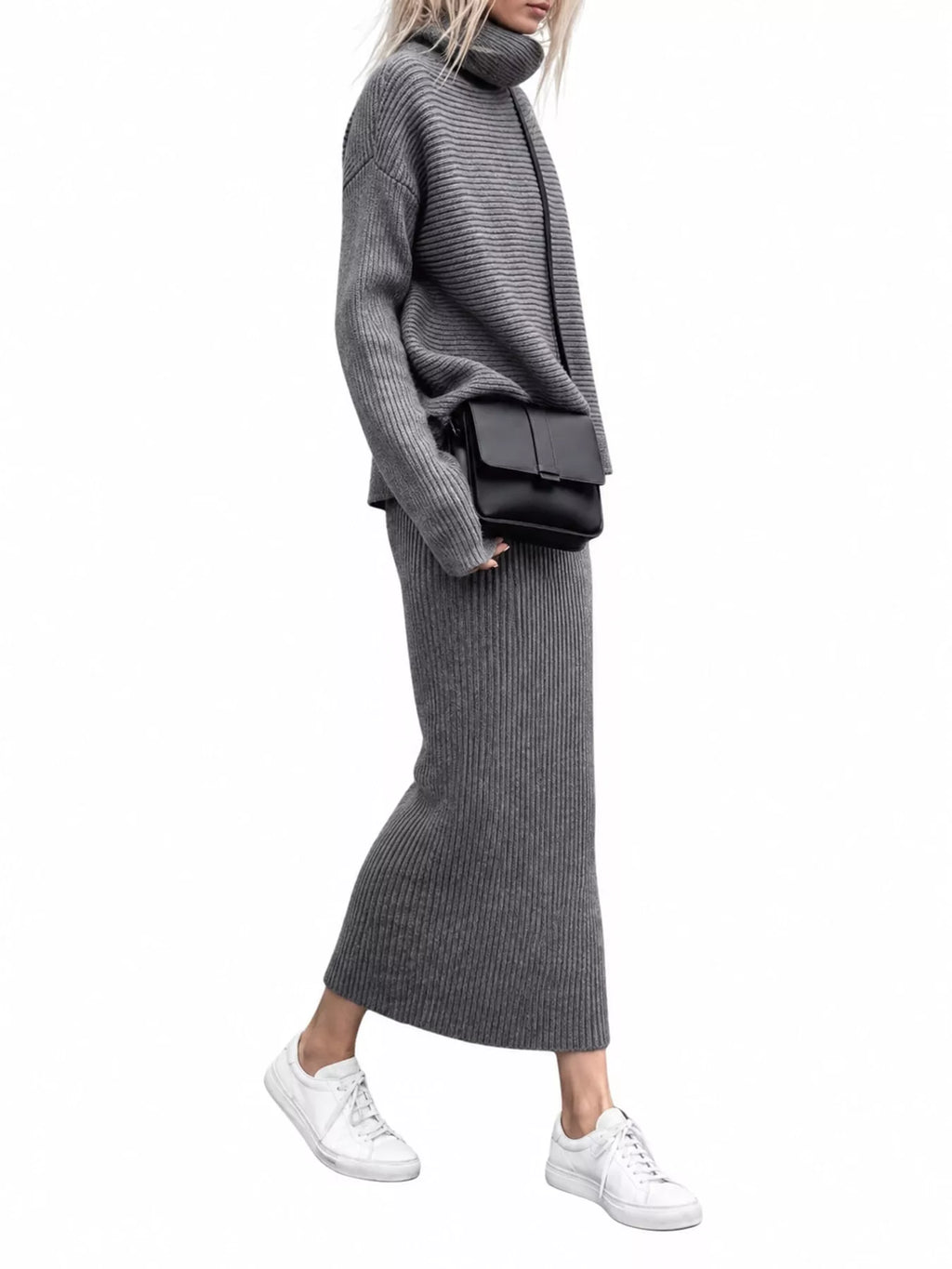 Ribbed Turtleneck Sweater Set Matching Midi Skirt (2)
