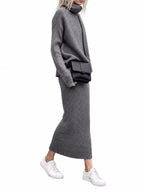 Ribbed Turtleneck Sweater Set Matching Midi Skirt (2)
