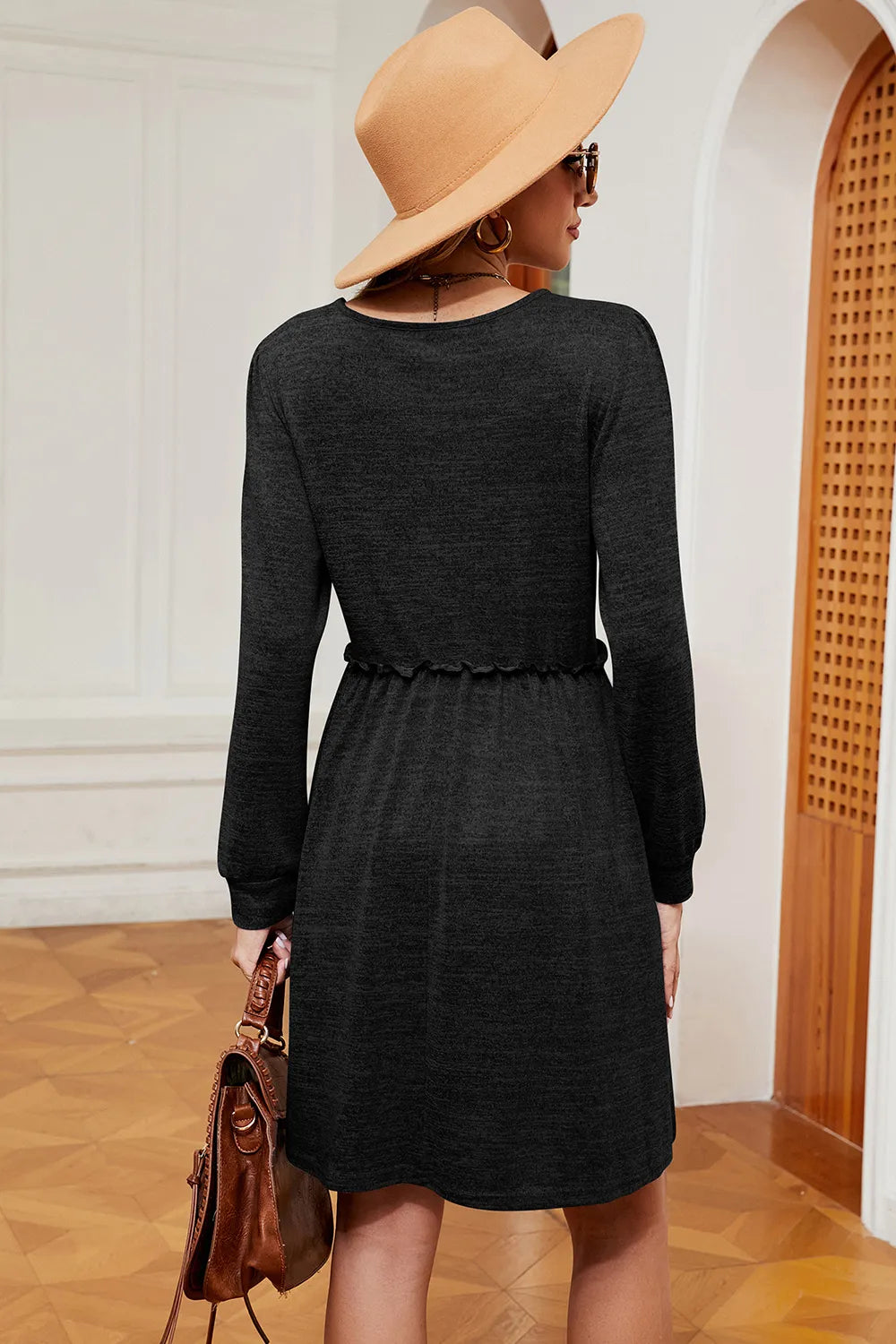 Frill Square Neck Long Sleeve Dress (2)