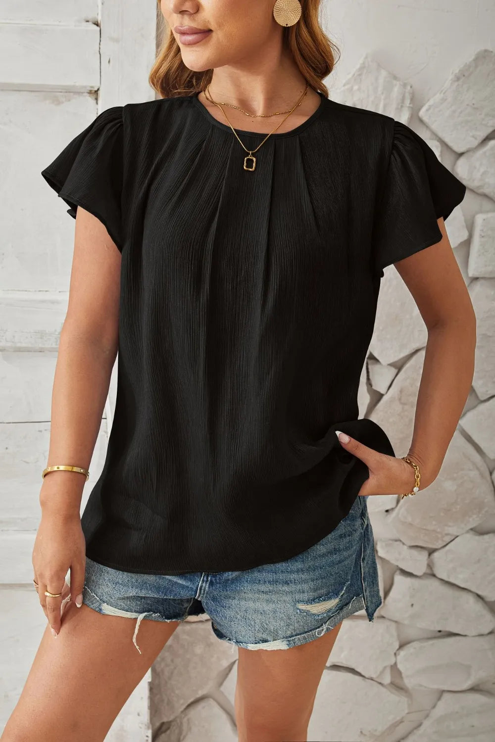 Round Neck Keyhole Cap Sleeve T-shirt (11)