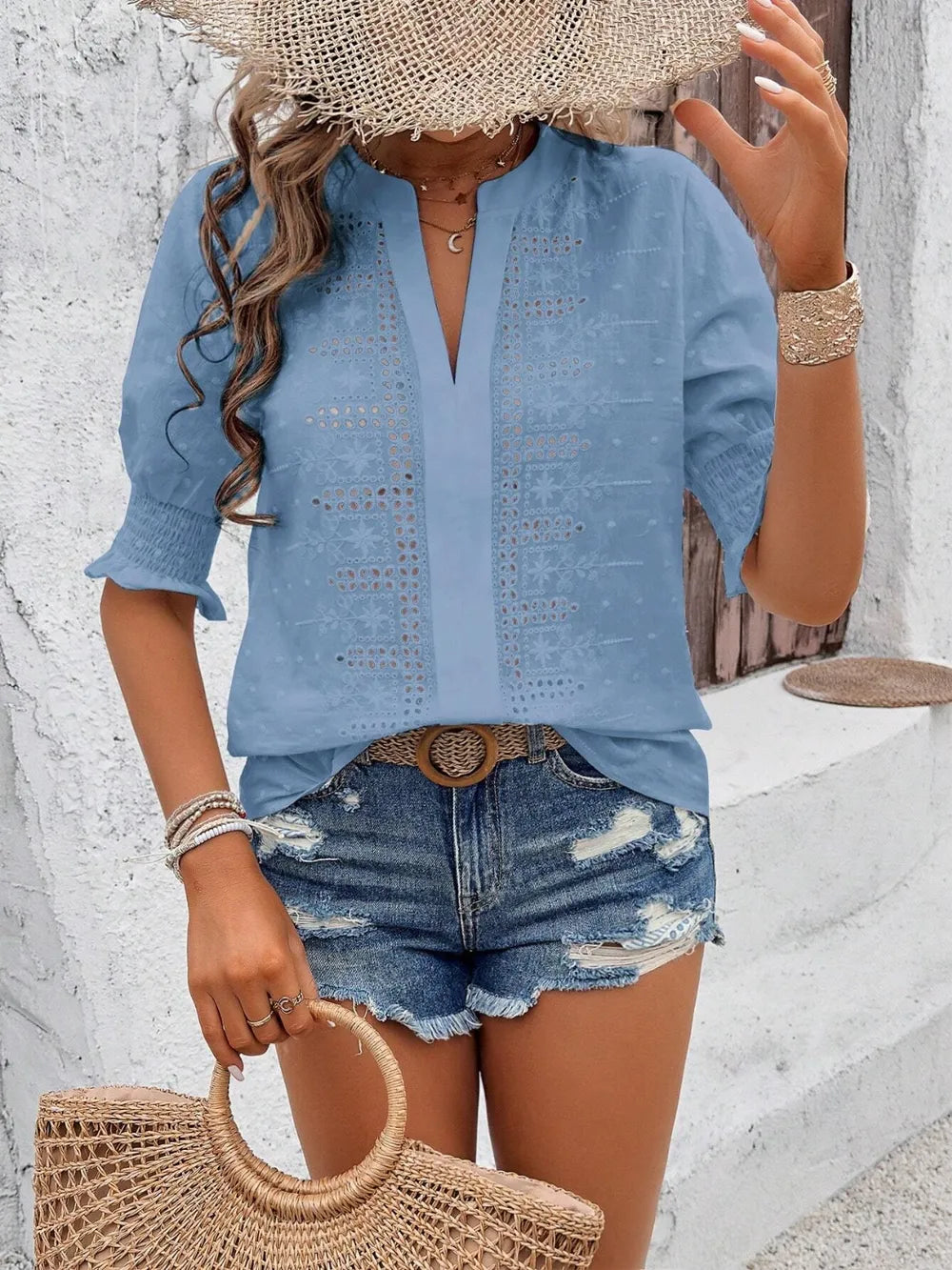 Eyelet Notched Flounce Sleeve Blouse (16)