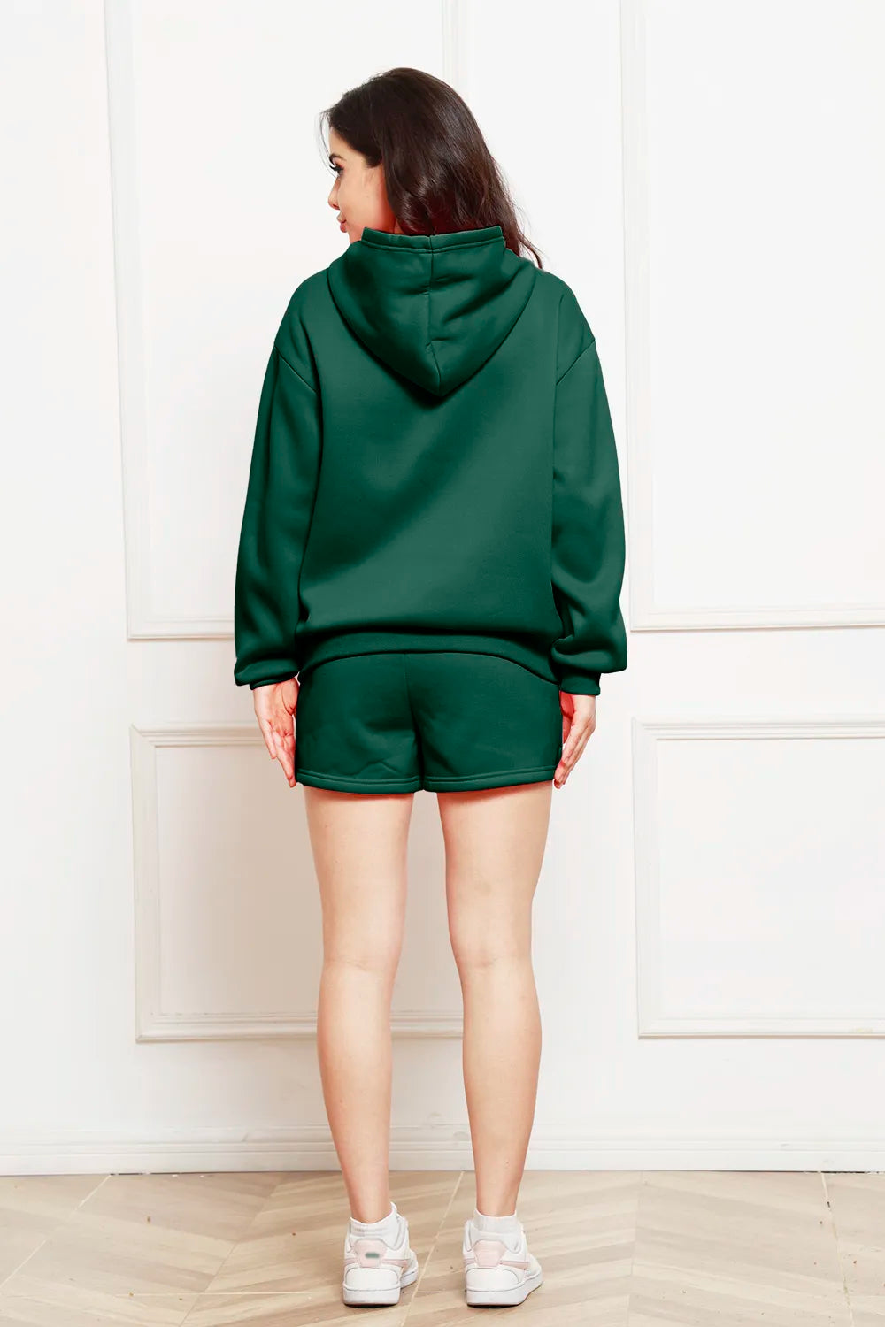 Drop Shoulder Long Sleeve Hoodie Shorts Set (15)