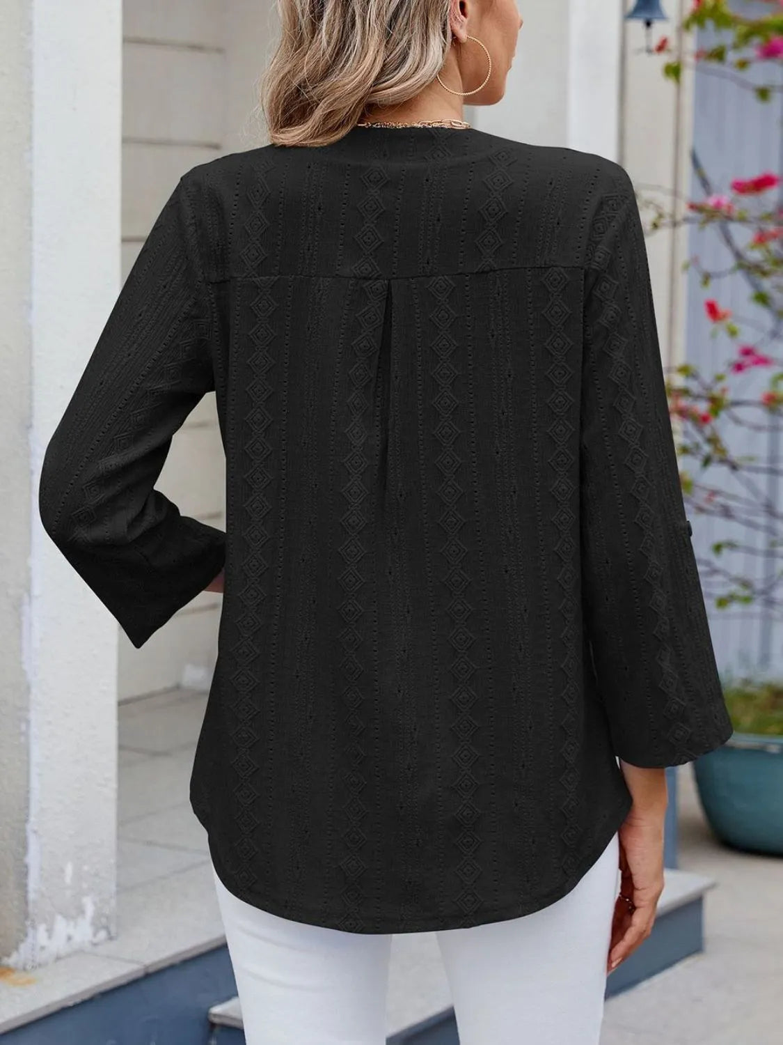 Eyelet Notched Roll-tab Sleeve Top (9)