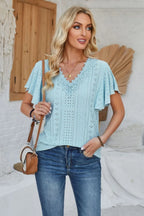 Eyelet Applique V-neck Cap Sleeve T-shirt