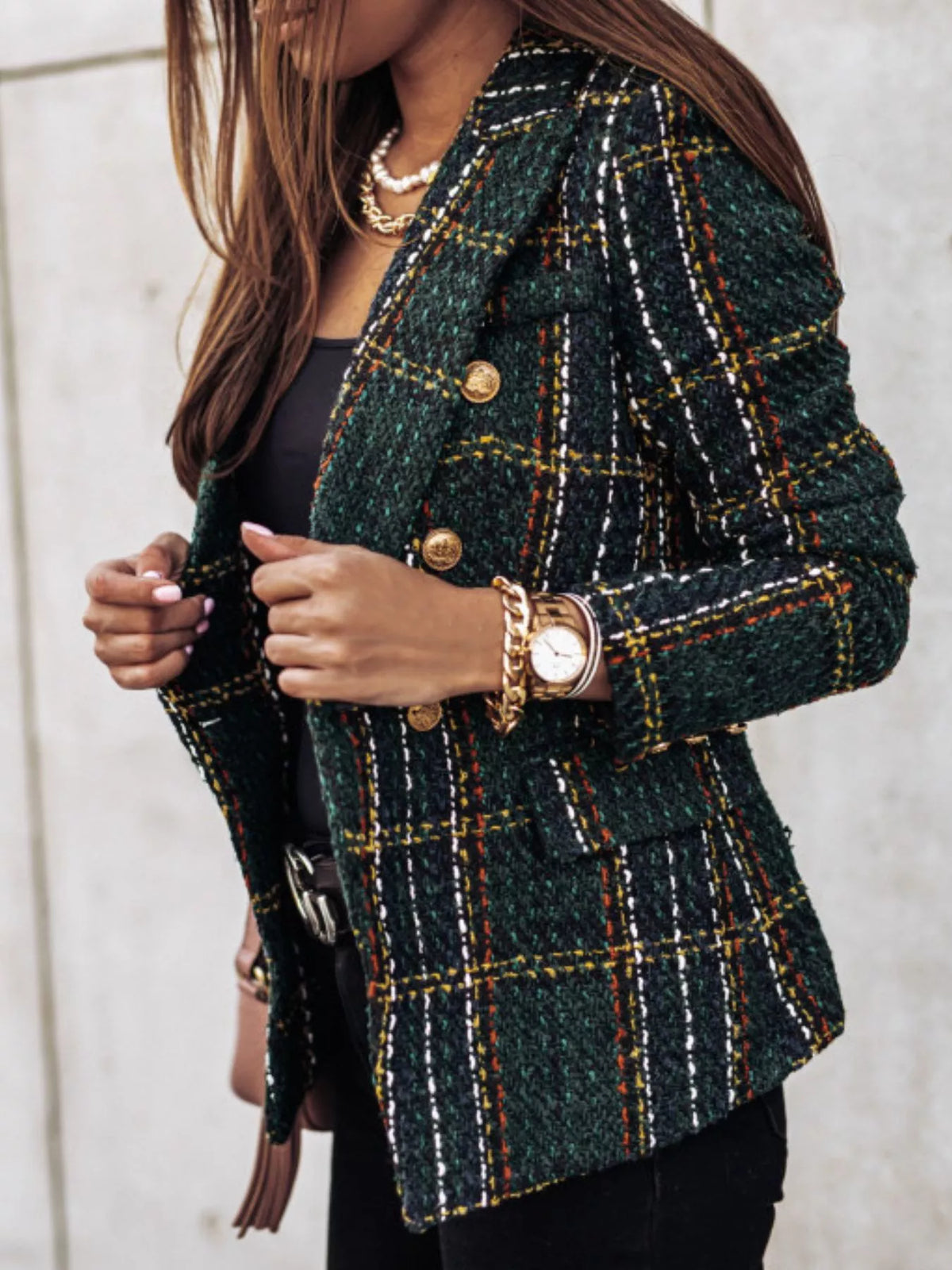 Full Size Plaid Tweed Double-breasted Blazer Plus (8)