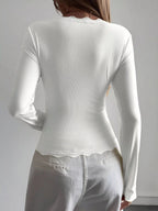 Lace Trim V-neck Ribbed Long Sleeve Blouse (8)