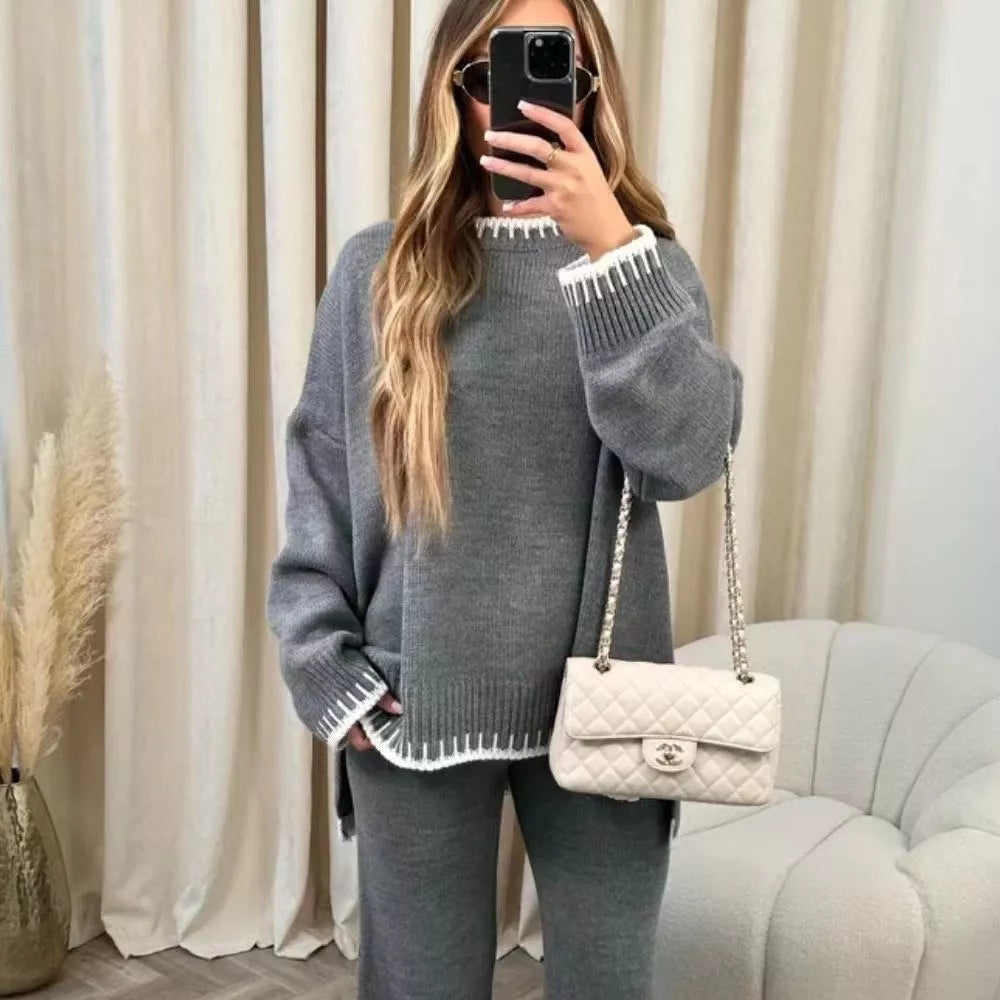 Contrast Trim Round Neck Top Pants Sweater Set (7)