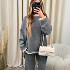 Contrast Trim Round Neck Top Pants Sweater Set (7)