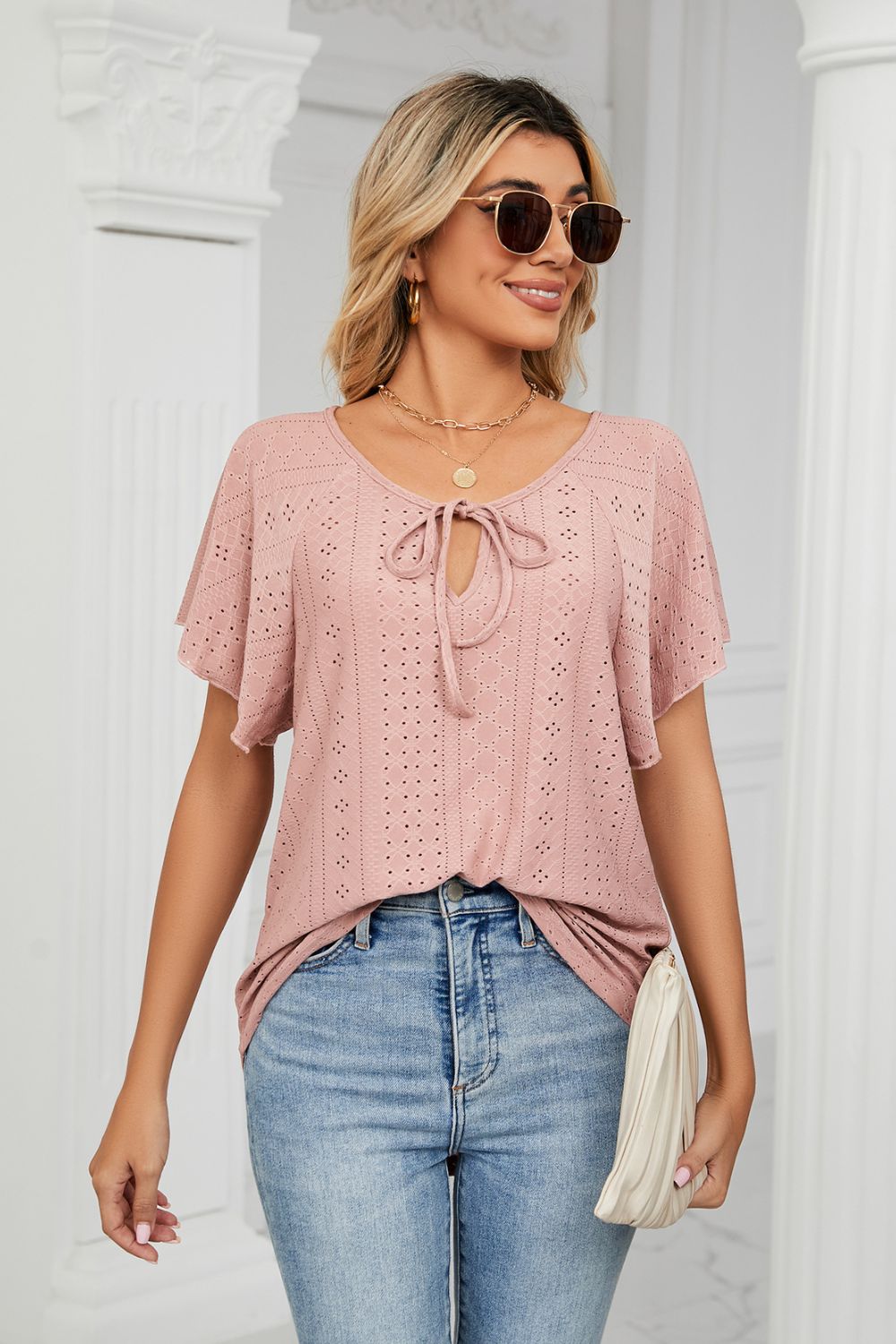 Eyelet Tie-neck Flutter Sleeve Top (3)