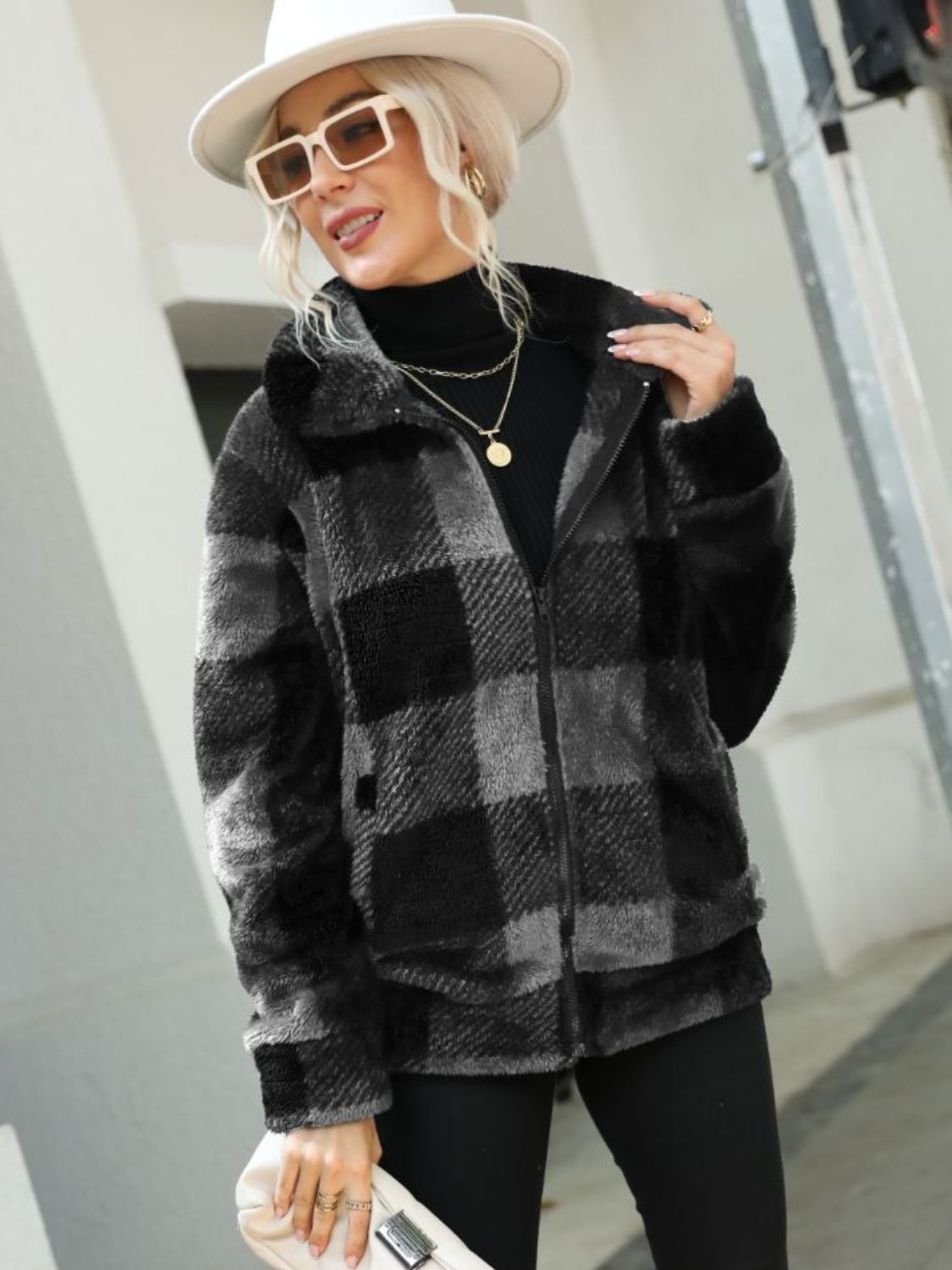 Plaid Zip-up Collared Jacket (8)