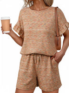 Ruffle Sleeve Textured Top Shorts Set (21)