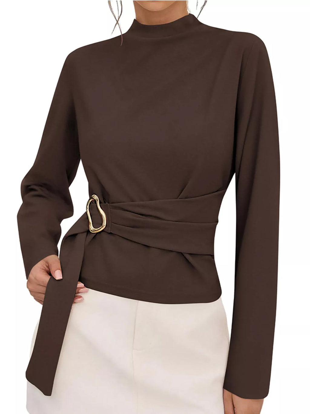 Mock Neck Blouse Waist-defining Metal Buckle Detail (14)