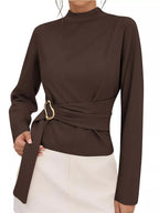 Mock Neck Blouse Waist-defining Metal Buckle Detail (14)