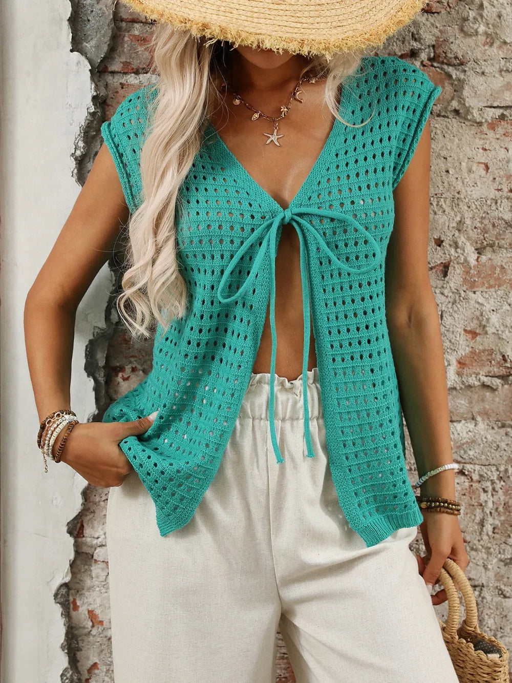 Tied Front Openwork V-neck Knit Top (8)