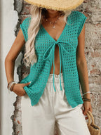 Tied Front Openwork V-neck Knit Top (8)