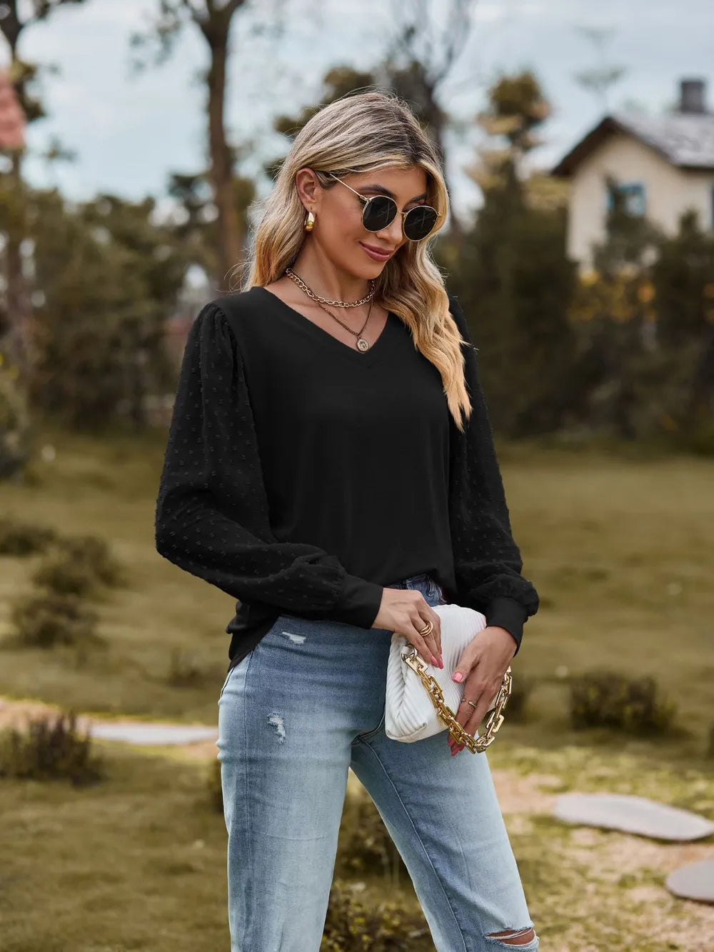 Swiss Dot V-neck Long Sleeve Blouse (8)