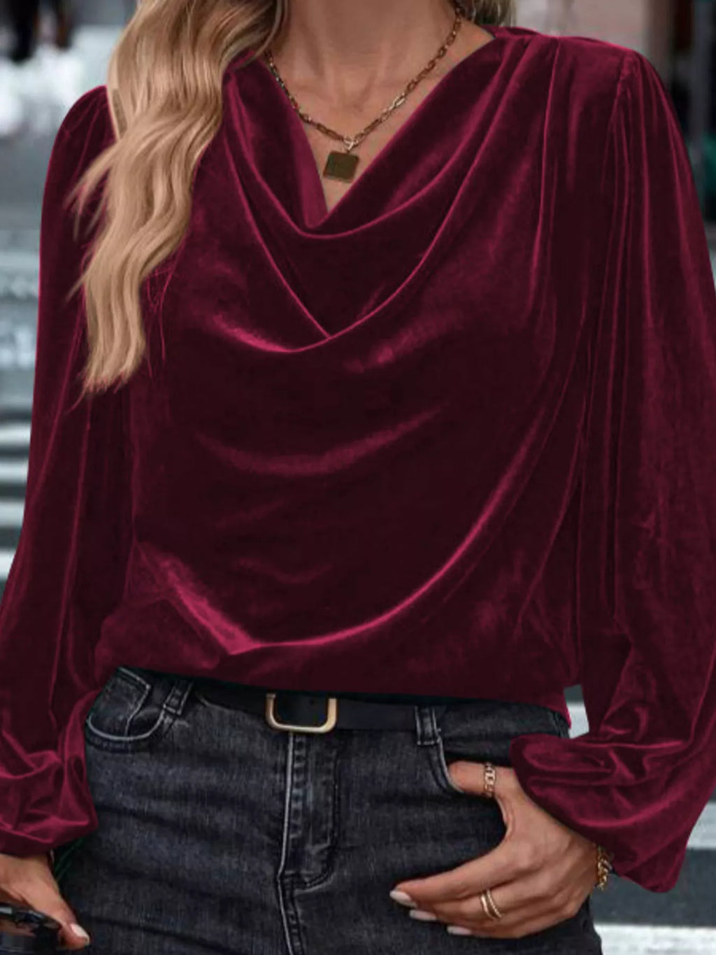 Velvet Cowl Neck Long Sleeve Blouse (3)