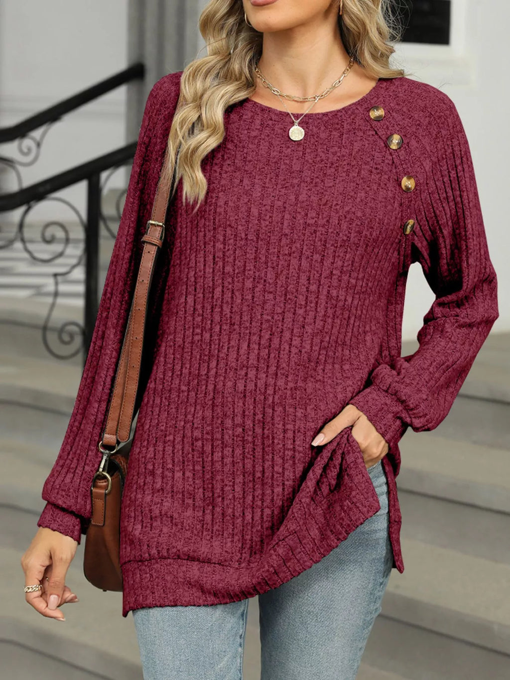 Round Neck Knit Button Top (22)