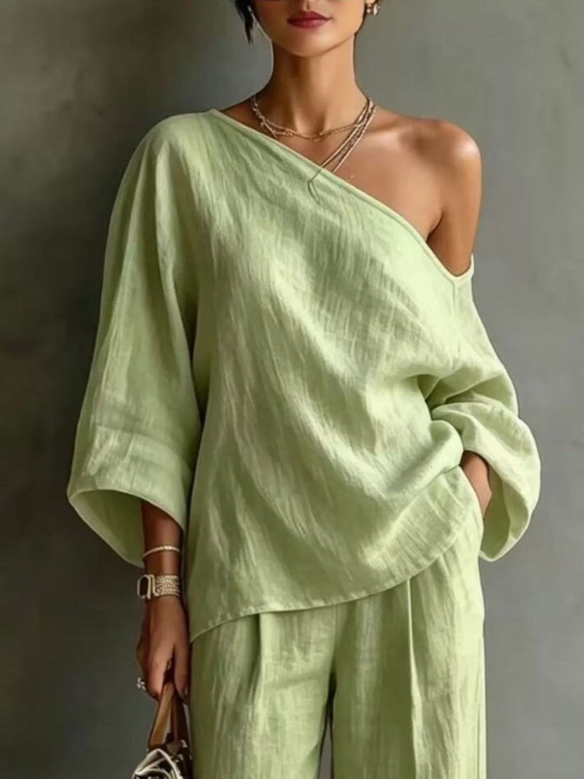 One Shoulder Top Wide Leg Pants Set (17)
