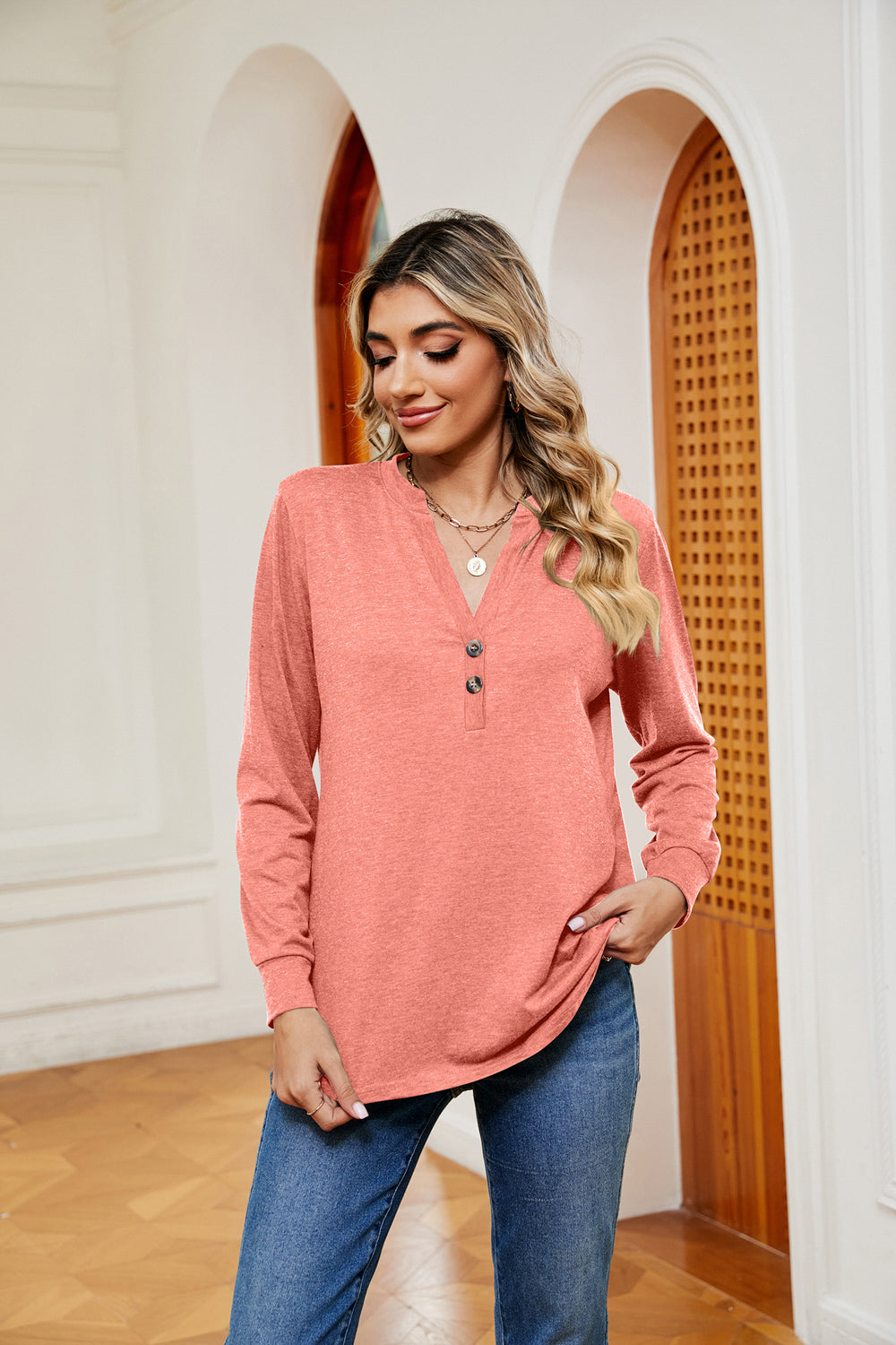 Buttoned Notched Neck Long Sleeve Top (10)