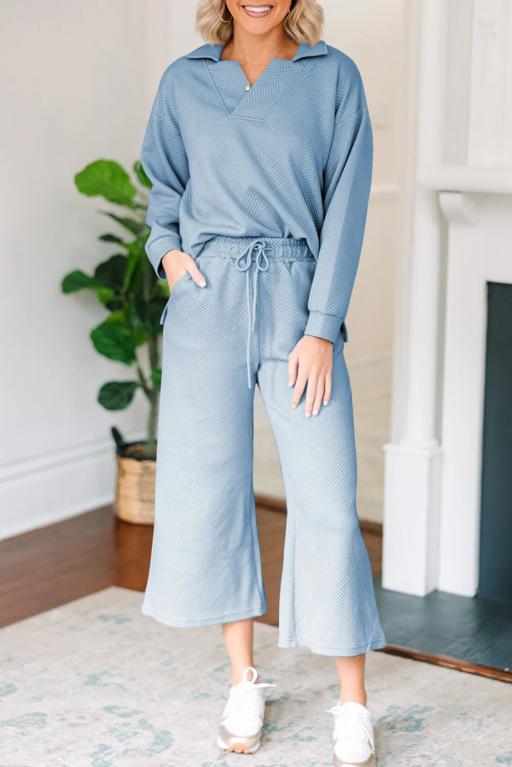 Textured Collared Neck Top Wide Leg Pants Set (5)