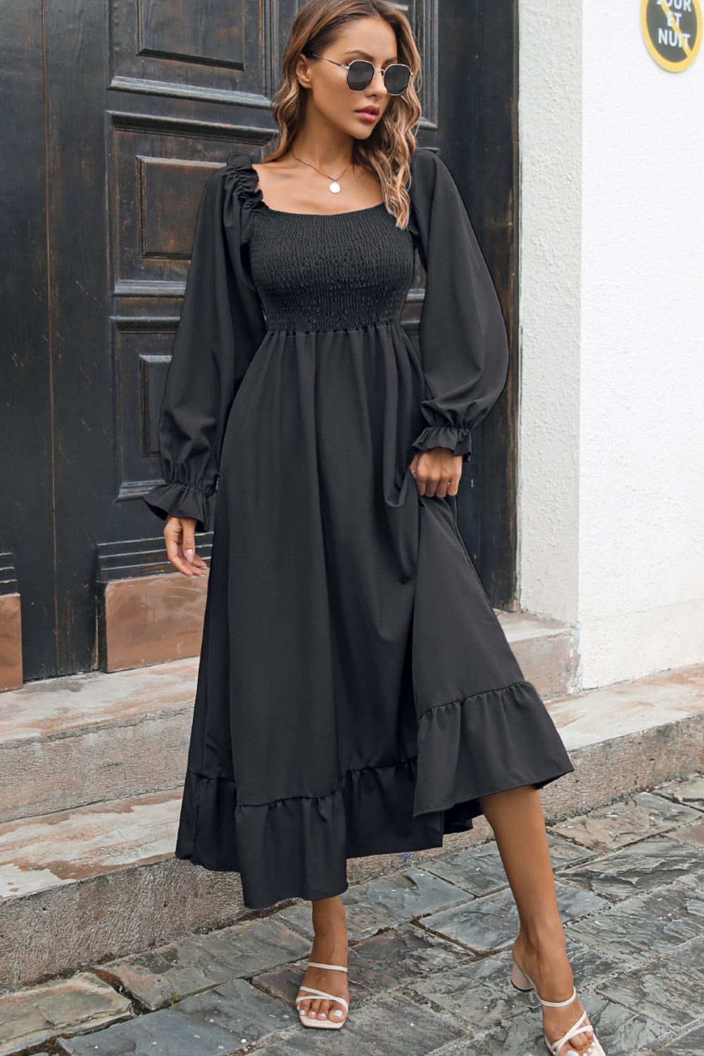 Smocked Ruffle Hem Flounce Sleeve Dress (5)
