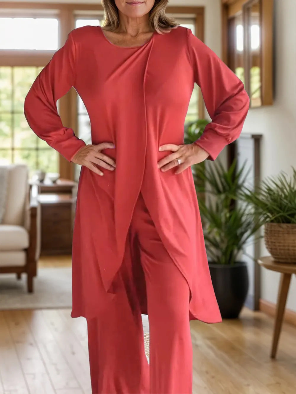 Full Size Slit Round Neck Long Sleeve Top Pants Set (3)
