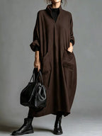 Full Size Loose-fit Mock Neck Midi Dress Pockets Plus
