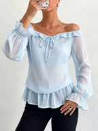 Off-shoulder Flounce Sleeve Chiffon Blouse (12)
