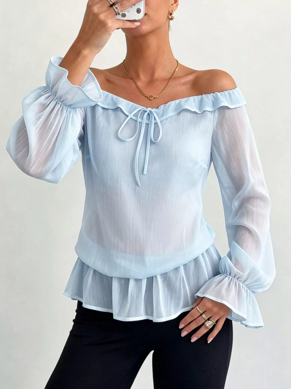 Off-shoulder Flounce Sleeve Chiffon Blouse (12)
