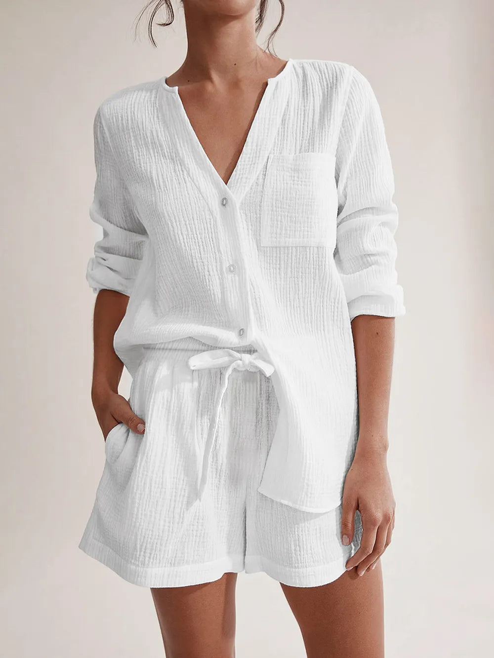 Notched Long Sleeve Top Shorts Set