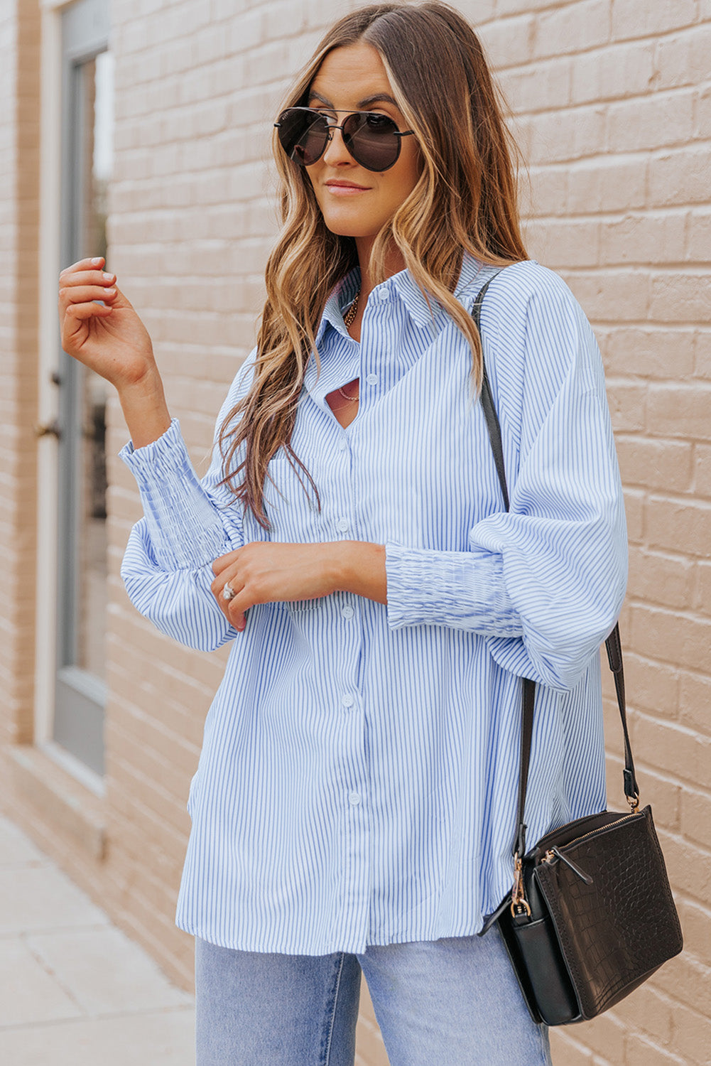 Striped Lantern Sleeve Collared Shirt (7)