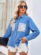 Raw Hem Button Up Long Sleeve Denim Jacket Sequin Pockets (10)