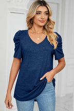 Heathered V-neck Puff Sleeve T-shirt (6)