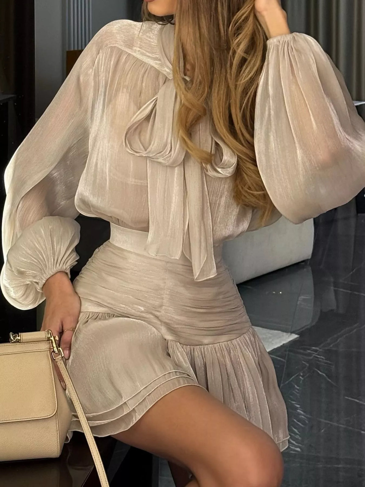 Bow-tie Blouse Ruffled Mini Skirt Two-piece Set (5)