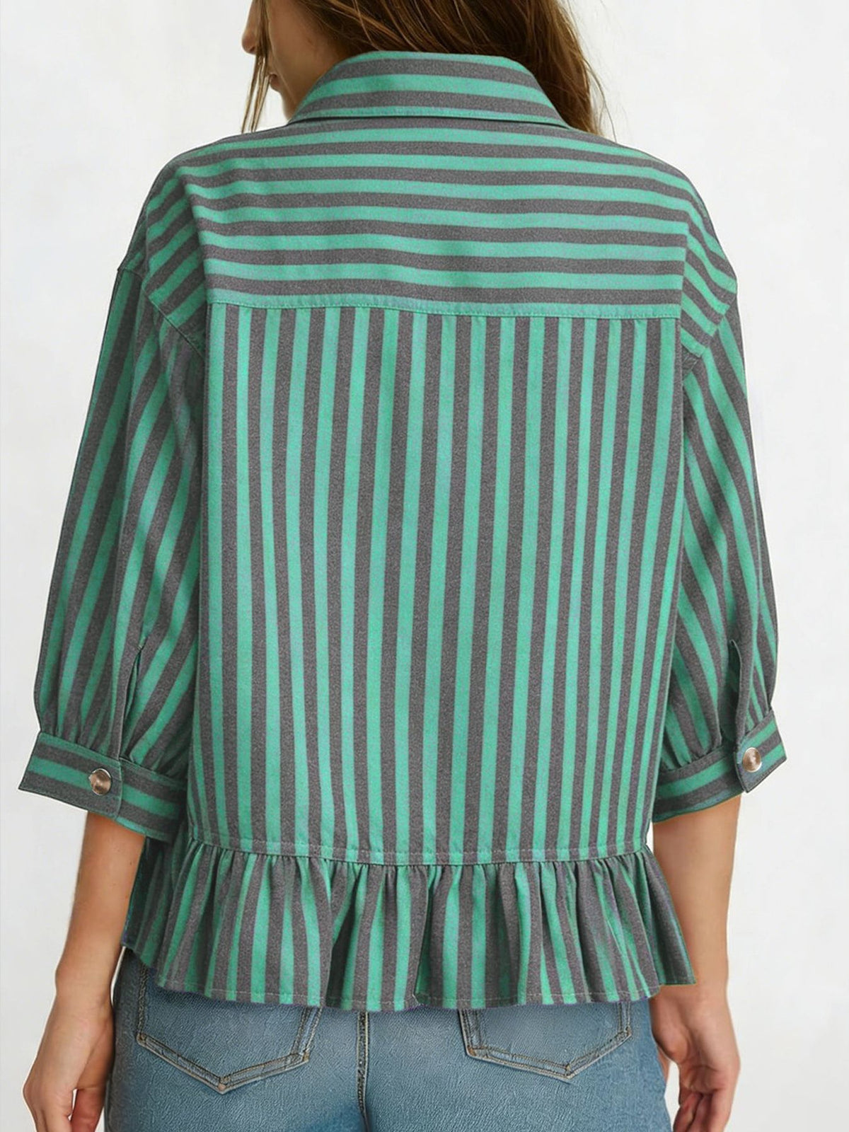 Striped Ruffle Hem Button-down Shirt (8)