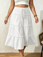 Drawstring Elastic Waist Loose Slimming Midi Tiered Skirt photo 2