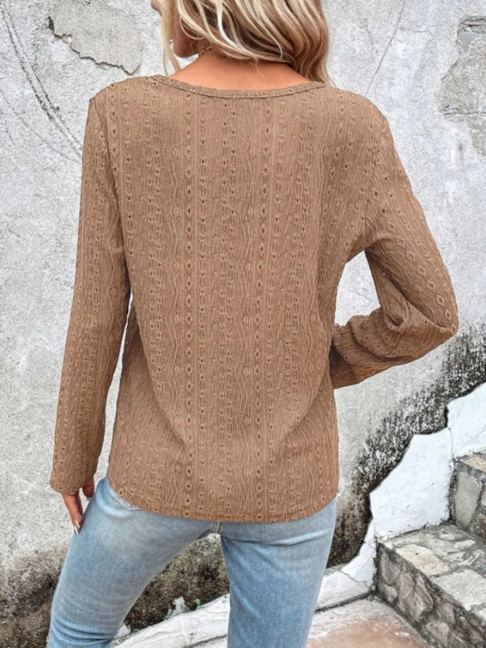 Openwork Half Button Long Sleeve Blouse (3)