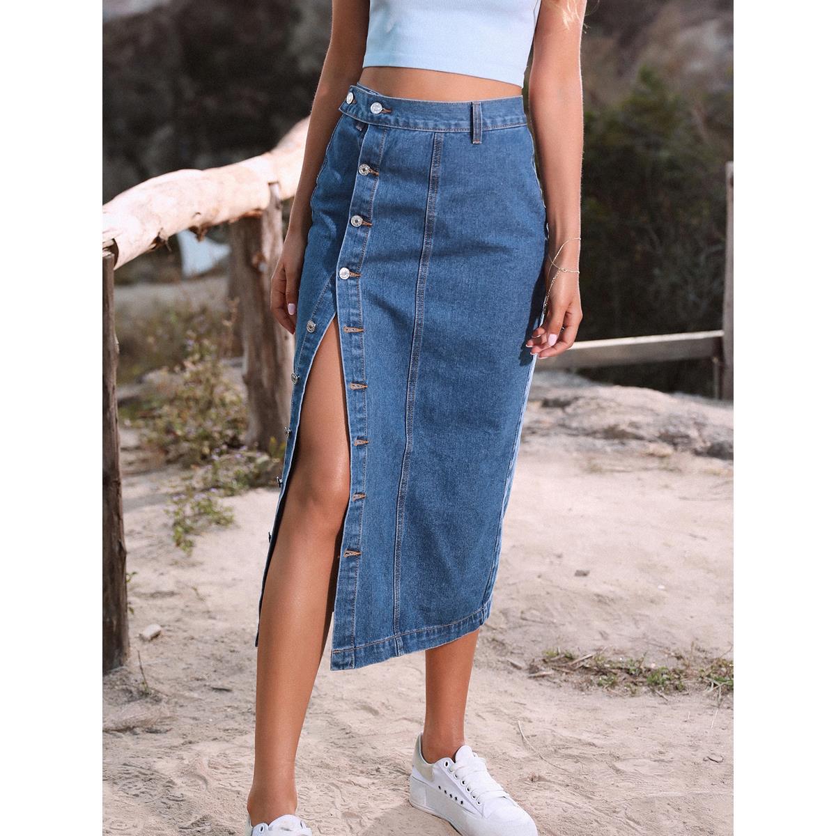 Button Denim High Waist Skirt variant CJWS320763017QJ|CJWS320763018RI|CJWS320763019SH|CJWS320763020TG