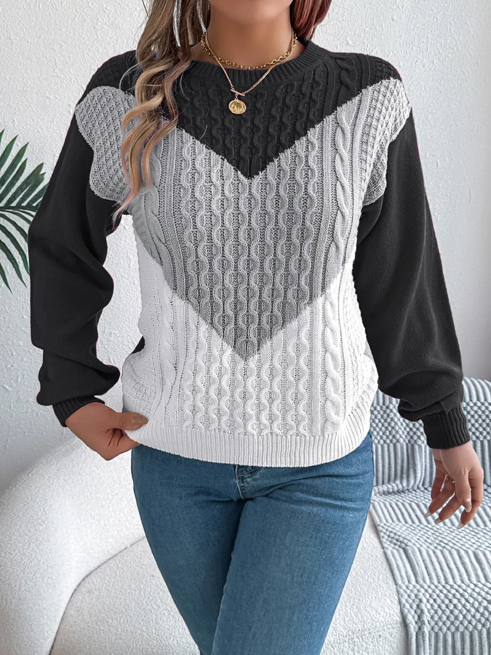 Contrast Round Neck Long Sleeve Sweater (2)