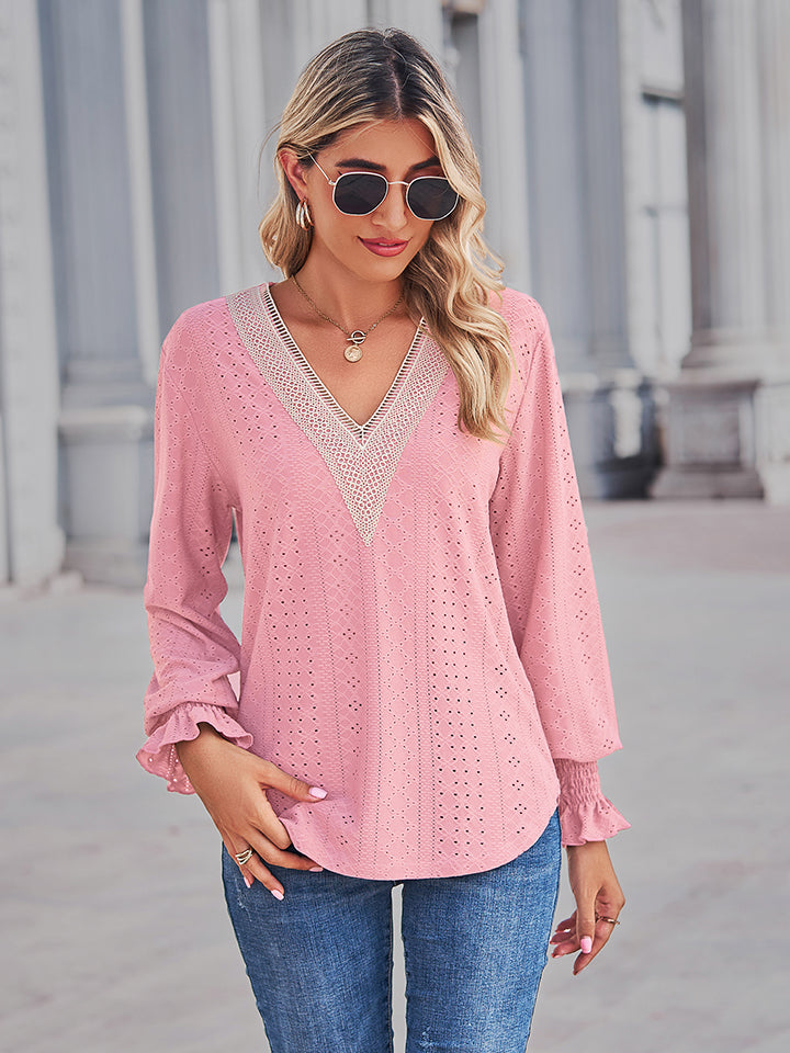 V-neck Eyelet Flounce Sleeve Blouse (6)