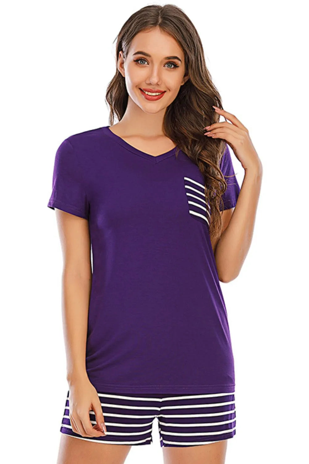 Striped Short Sleeve Top Shorts Lounge Set (20)