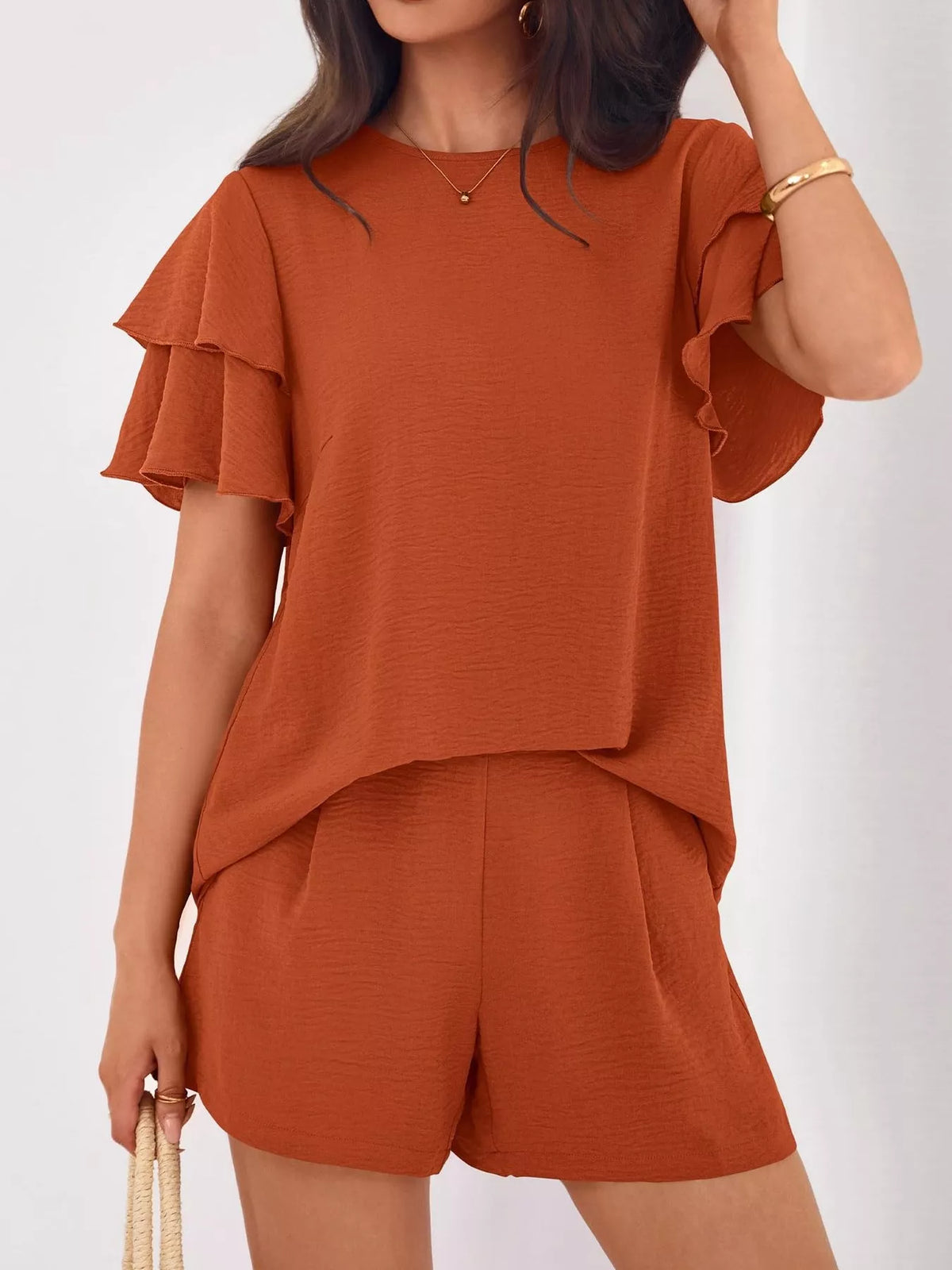 Ruffle Sleeve Top Shorts Two-piece Set (2)