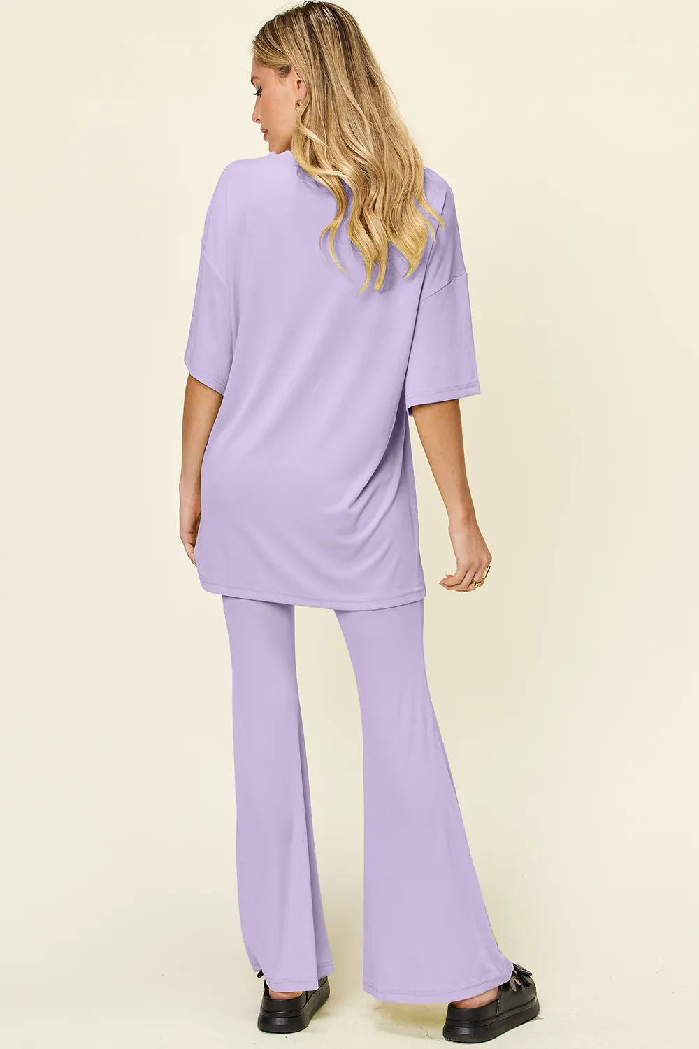 Full Size Round Neck Drop Shoulder T-shirt Flare Pants Set (4)