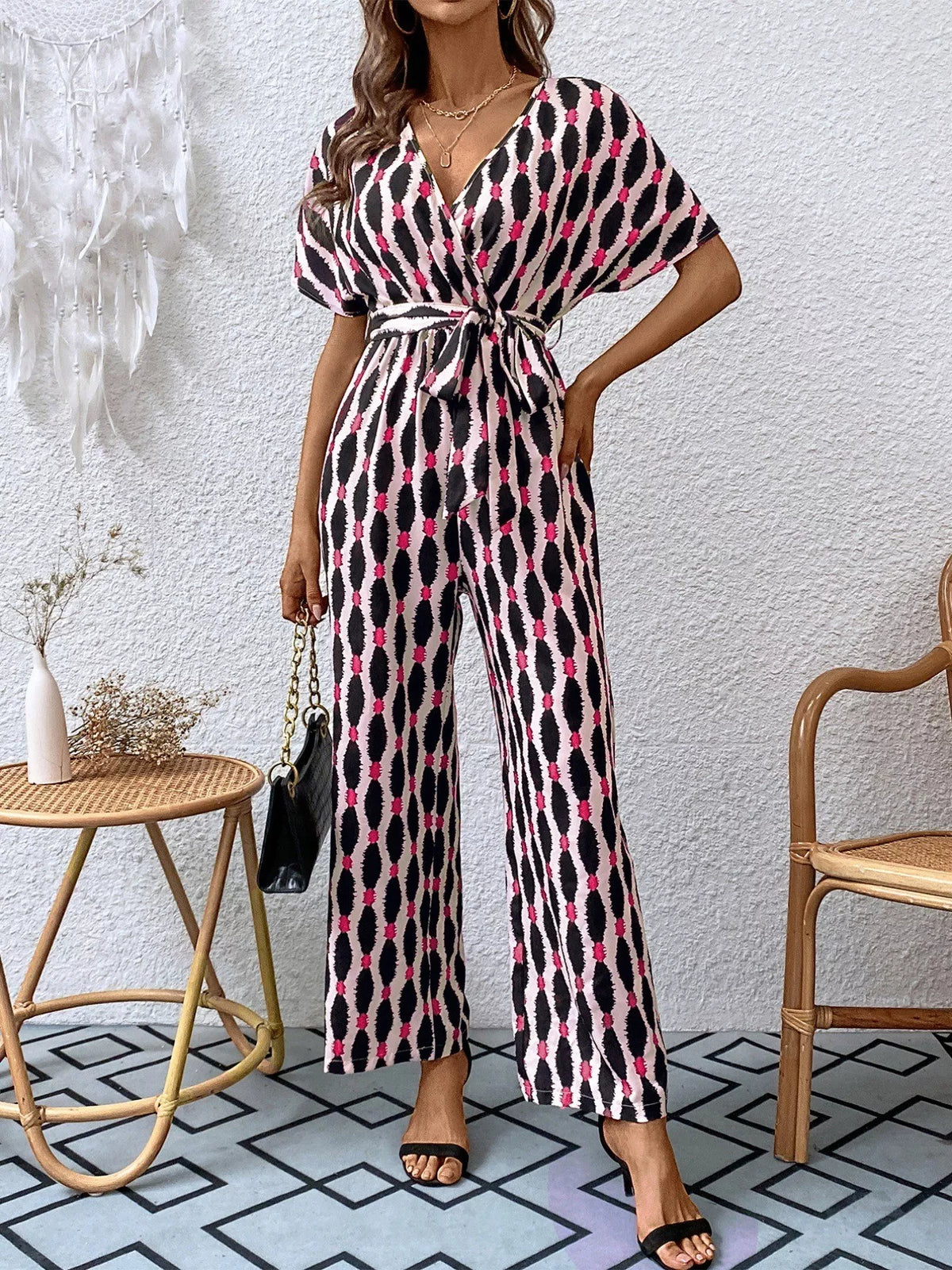 Printed Surplice Tie Waist Short Sleeve Jumpsuit (6)