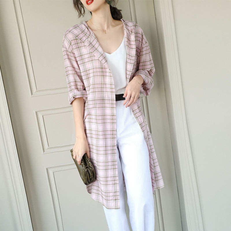 Mid-length Cotton Cardigan Plaid Loose Sunscreen Shirt variant CJCS119057101AZ|CJCS119057102BY|CJCS119057103CX|CJCS119057104DW