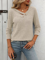 Ribbed Knit Long Sleeve Button Detail T-shirt (7)