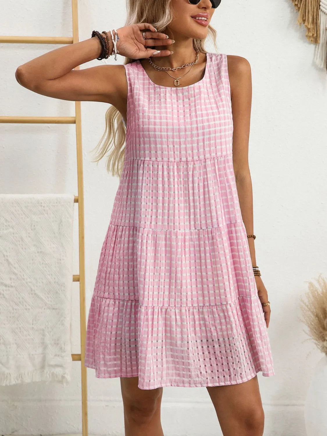 Plaid Round Neck Sleeveless Mini Dress (24)