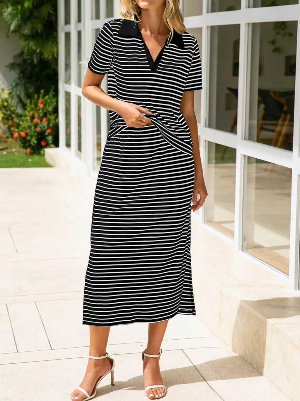 Striped Polo Collar Top Slit Skirt Two-piece Set