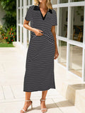 Striped Polo Collar Top Slit Skirt Two-piece Set